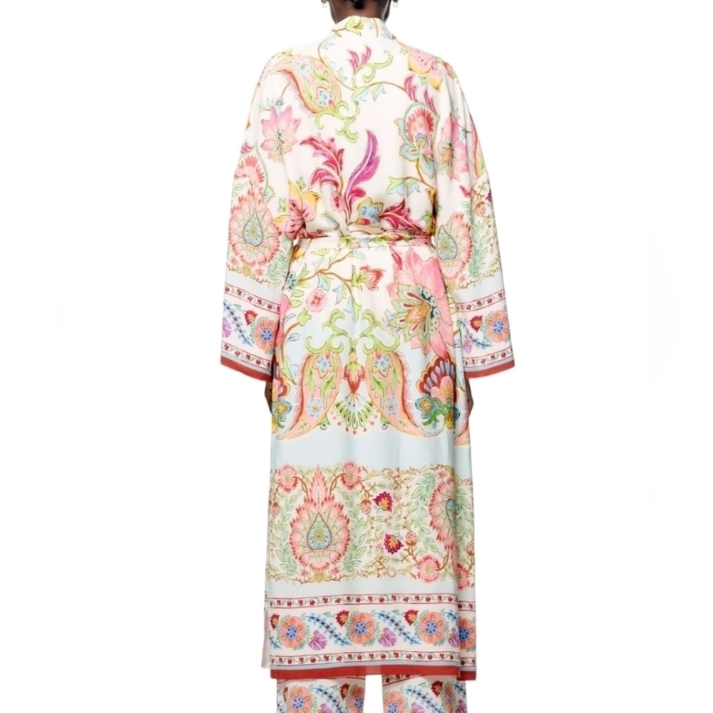 Zara Floral Pink Green Multicolor Printed Kimono Jacket With Belt Sz Small NWT - Picture 2 of 10